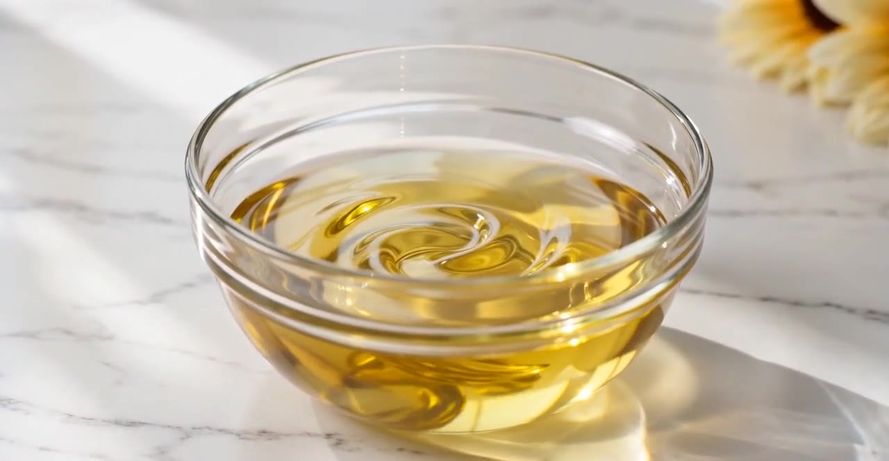 Golden oil in a glass bowl on marble